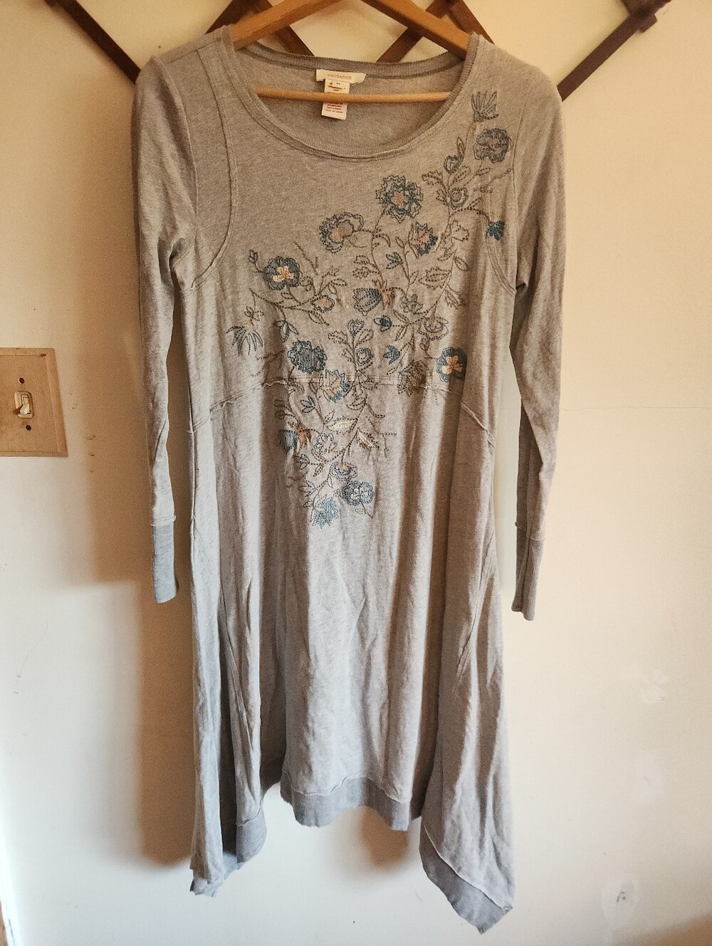 Sundance Gray Floral Embroidered Long Sleeve Dress Mini Medium Cotton Blend